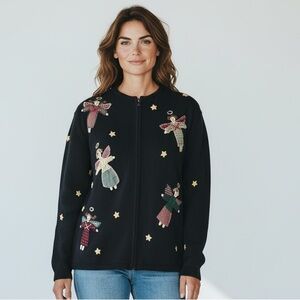 TALBOTS ladies vintage zip up black Christmas sweater size medium excellent cond